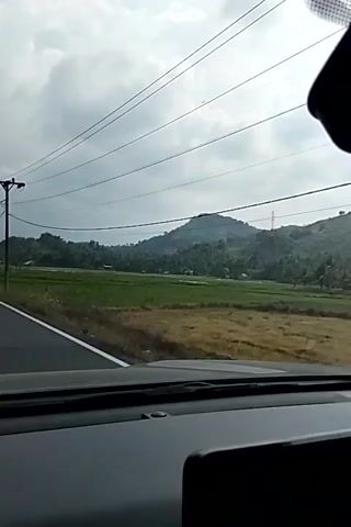 The video shows a view from inside a vehicle, looking out a window at a landscape. The landscape features a hill covered in greenery, with a patchwork of green fields and some dry earth below. Several power lines are visible stretching across the sky, which is cloudy. A utility pole with wires is also present in the foreground. The video is oriented vertically, with the landscape appearing sideways.