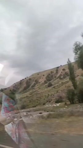 The video shows a view from a vehicle window. A person wearing a colorful garment, possibly a scarf or shirt, is visible in the lower left corner, partially reflected in the glass. The background features a dry, sloping hillside covered with sparse vegetation and scattered trees. A rocky, dry riverbed or stream is visible at the bottom of the hill. The sky is overcast with gray clouds. The camera appears to be moving, indicated by the slight blur and changing perspective.