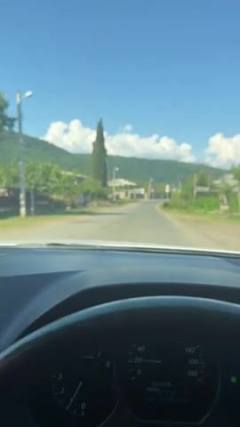 The video shows a point of view from inside a vehicle, looking through the windshield. The vehicle is driving on a paved road through a rural area. The road is lined with trees and vegetation on both sides, and there are houses and buildings visible in the distance. The sky is clear and blue, with some white clouds. In the distance, there are rolling hills and mountains. The steering wheel of the vehicle is partially visible in the foreground, along with a dashboard display showing speed and other information. A tall, slender tree is prominent on the left side of the road. A dark-colored animal, possibly a cow or a dog, is visible on the right side of the road in the distance, near a road sign. The video appears to be a recording of a drive through a scenic, rural landscape on a sunny day.