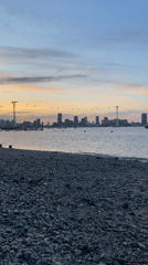 Twilight skyline viewed from Thames rocky beach in London