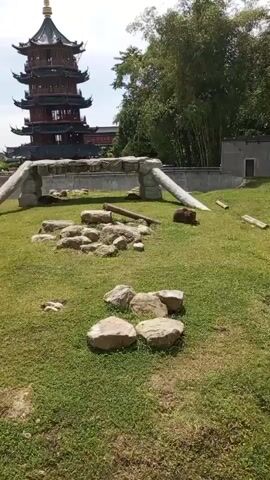 The video shows a zoo enclosure with a large pagoda-style building in the background, surrounded by bamboo trees and a wall. In the foreground, there is a grassy area with several large rocks and a fallen log. Two bears are visible in the enclosure. One bear is lying on the grass near the log, while the other bear is walking away from the camera in the background. The overall scene suggests a naturalistic habitat for the bears, designed to resemble their native environment. The video appears to be filmed during the day, with bright sunlight casting shadows on the ground.