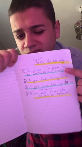 Young man displays handwritten daily task list in Bulgaria