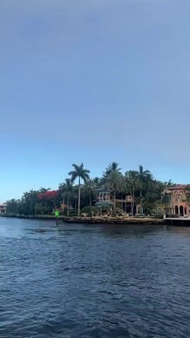 A boat is moving across a body of water, with a coastline filled with lush greenery and large houses. The sky above is clear and blue, with a few wispy clouds. The water is a deep blue, and appears to be calm. The houses on the coastline are large and luxurious, with many windows and balconies. They are surrounded by palm trees and other tropical vegetation. The boat is moving slowly and appears to be a recreational vessel. There are a few people visible on the boat. The scene is serene and peaceful, suggesting a warm and sunny day.