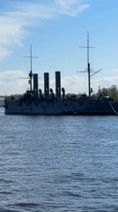 Historic warship Aurora observed moored on Neva River, Saint Petersburg