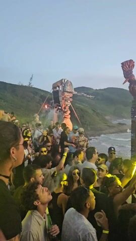 Here is a description of the video:

The video shows an outdoor event taking place near a beach. A crowd of people is gathered, mostly facing toward a stage, where someone is playing music. The stage is decorated with a large sculpture of a bird. The ocean is visible in the background, and the sky is overcast, suggesting it may be late in the day or early evening. People are wearing casual clothing, and some are holding up their phones, seemingly recording the event. The atmosphere appears lively.