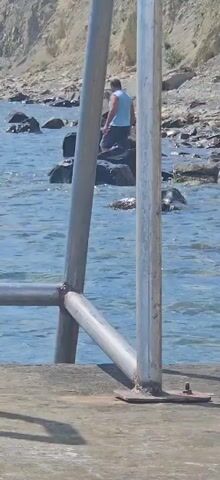 A man in a blue t-shirt and dark shorts walks into the water near a rocky shore. The water is clear and blue, with some waves. There are metal railings in the foreground. The sun is shining and the sky is clear.