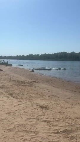 The video shows a sandy beach with a calm river in the background. The river is lined with trees on the far bank. Several people are visible in the water, some swimming and others on paddleboards. A few paddleboards are floating near the shore. The sky is clear and blue. The camera is stationary and positioned on the beach, looking towards the river.