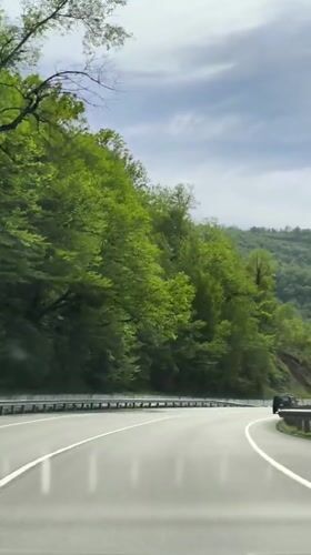 Vehicle travels wet roads through green Pshada countryside after rain