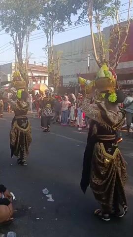 A group of dancers in traditional attire is performing on a street. They are wearing elaborate costumes with gold and black patterns, and headpieces adorned with green. The dancers are carrying baskets on their heads filled with fruit and other items. They are moving in a coordinated fashion, with some dancers facing the camera and others facing away. A crowd of onlookers is gathered on the sides of the street, watching the performance. The street is paved, and there are buildings and trees lining the sides. The lighting suggests it is daytime. There are some plastic cups and debris on the ground.