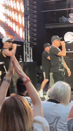 Live concert performance, two artists on stage in London
