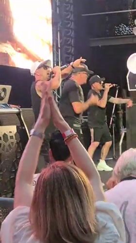 Live concert performance, two artists on stage in London