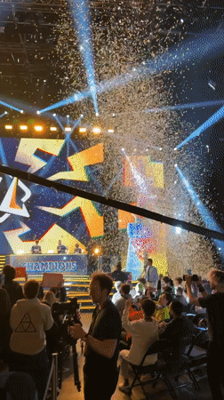 Champions celebration with confetti draws cheering crowd in Berlin arena