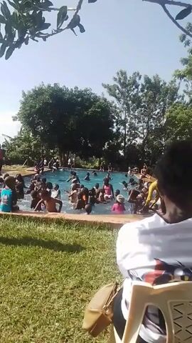 The video shows a crowded rectangular swimming pool. The pool is surrounded by green grass and trees. Many people are in the pool, mostly children, splashing and playing. A person in a white shirt sits in a white chair on the grassy area. To the left of the chair is a brown shoulder bag on the grass. A man in an orange shirt and jeans is standing near the edge of the pool, seemingly supervising the swimmers. The sky is clear and sunny.
