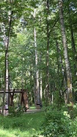 The video pans through a wooded area with trees and greenery. In the background, there are glimpses of a playground structure with wooden beams and swings. Several people are visible in the distance, walking or near the playground equipment. There are also modern black lampposts scattered throughout the scene. The overall environment appears to be a park or recreational area.