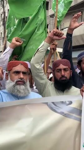 A group of men are participating in a protest or rally. They are holding green flags with white Arabic script and a crescent moon and star emblem. Some of the men are wearing traditional Sindhi caps. One man in the foreground has a long white beard and is wearing a light blue shirt. Another man next to him has a black beard and is wearing a light green shirt. Both men are looking forward with serious expressions. Many of the men are raising their hands, some with fists clenched, while others are holding the flags. The background shows a building with a modern facade and bamboo poles holding up the flags. The scene appears to be taking place outdoors during the day, possibly in an urban setting like Karachi, Pakistan. The atmosphere seems charged with a sense of purpose and collective action.