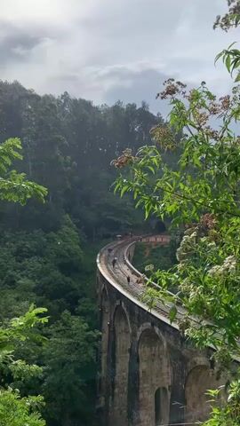 The video shows a long, curved train bridge made of stone arches surrounded by lush green trees and vegetation. The sky is overcast, and it appears to be raining lightly. Several people are walking on the train tracks on the bridge. In the distance, a tunnel can be seen on the hillside. The camera is positioned at a high angle, looking down at the bridge and the surrounding landscape. Some of the people on the bridge are using umbrellas. The overall scene is one of natural beauty and a sense of peace.