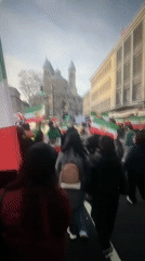 Flag-carrying crowd demonstrates in Iranian city street