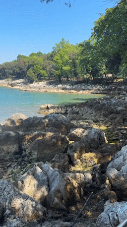 Sunny coastal scenes documented along rocky Vrsar shoreline