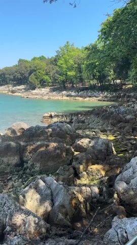 The video shows a rocky beach on a sunny day. The camera pans across the rocky shore, showing clear blue water with a beach in the distance. Some trees line the shore, and there are a few people visible in the distance. The sky is clear and blue.