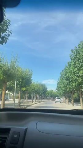 The video shows a view from inside a vehicle driving down a tree-lined street. The sky is blue with some clouds. On either side of the street are rows of green trees with thick foliage. In the distance, other vehicles are visible, including a white SUV. Buildings can be seen behind the trees on the left side of the street. The interior of the vehicle, including the dashboard, is visible in the foreground. There are no people clearly visible in the video. The overall environment appears to be a suburban or town setting on a sunny day.