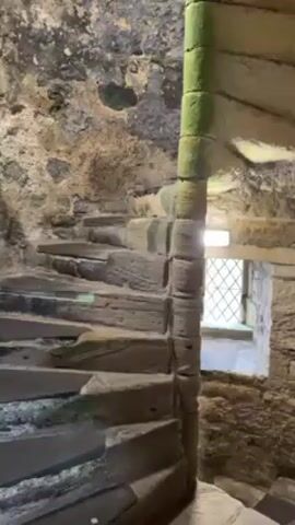 The video shows the interior of a stone spiral staircase. The stairs are made of worn stone and are covered in some areas with green moss or algae. There is a window visible on one side of the staircase, with a lattice pattern. The stone walls are rough and show signs of age. There is no visible movement or people in the video.
