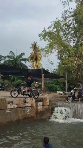 The media file captures a lively outdoor scene at Saweuk, Indonesia, likely during the late afternoon or early evening, given the soft, diffused light. The setting is a scenic area with a small waterfall cascading into a body of water. Lush green foliage, including tall bamboo stalks and palm trees, dominates the background, creating a tropical ambiance.

Several people are present, interacting with the environment and each other. In the foreground, someone is partially submerged in the water, suggesting recreational swimming or bathing. On the elevated concrete structure bordering the waterfall, a few individuals are gathered. One person is seated on a scooter, looking towards the water. Another person stands next to a scooter, appearing to be in conversation. Further down the structure, a few more people are visible.

Objects in the scene include motorcycles and a three-wheeled vehicle, indicating local transportation. A shaded area, possibly a makeshift shelter with a dark canopy, is also visible, offering respite from the sun. The overall mood seems relaxed and communal, with people enjoying the natural beauty and the presence of the water. The weather appears to be overcast or nearing dusk, with a muted sky. No visible text is present in the media file.