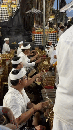 Traditional Balinese ceremony features Barong performers, gamelan music in Kuta