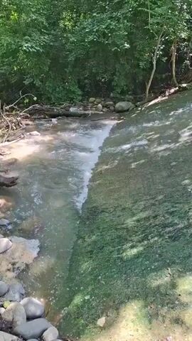 A shallow stream flows over moss-covered rocks and a smooth, green surface, with trees lining the background. The water is clear and moves at a moderate pace. The sunlight filters through the trees, creating dappled shadows on the scene. The overall impression is of a peaceful, natural setting.