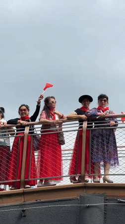 Group celebrates with Chinese flags on Chongqing bridge platform