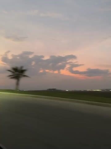 The video shows a landscape view through a moving vehicle. The foreground consists of a gray asphalt road with a green grassy verge to the right. Beyond the verge is a flat field. Two dark blurry trees pass by, one appears to be a palm tree. In the background, a mountain rises against a vibrant orange and gray sunset. Small lights, possibly from a town, are scattered along the base of the mountain. The sky is a mix of pastel pink, orange, and gray, partially obscured by clouds. The camera is shaky due to the movement of the vehicle.