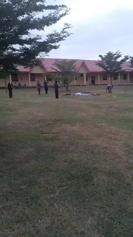 The video shows an outdoor scene with a building in the background and a grassy field in the foreground. Several people are visible in the field, some appearing to be engaged in physical activity or training. There are also trees and a red ball suspended in the air, possibly caught in a tree branch. The sky is cloudy. The overall impression is of a group activity taking place on school grounds or a similar institutional setting.