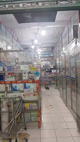 The video shows the interior of a pharmacy. The camera pans from left to right, revealing shelves stocked with various medical supplies and products, including what appear to be diapers and other personal care items. Display cases with glass fronts line the walls, also containing products. A metal walker is visible in the foreground. A cat is seen lying on the floor further inside the pharmacy. The lighting suggests it is daytime. The pharmacy appears to be narrow and runs deep.