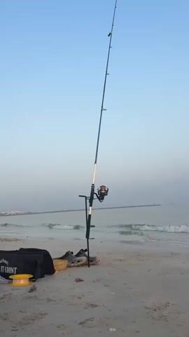 A fishing rod is set up on a sandy beach near the ocean. The rod is planted in a black fishing rod holder, which is stuck into the sand. A fishing reel is attached to the rod. To the left of the rod holder is a black fishing bag, and to the left of that is a spool of fishing line. The ocean is visible in the background, with gentle waves lapping at the shore. The sky is clear and blue, with a slight haze near the horizon. The scene suggests a peaceful day of fishing.