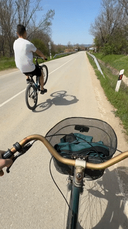 Cyclist performs wheelie on road in Djulunitsa, Bulgaria