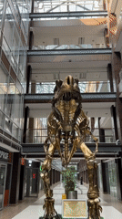Golden T-Rex skeleton sculpture inside a Moscow atrium