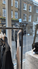 Man enters London shop carrying small black dog