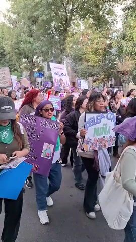 The video shows a large group of people marching down a street. Most of the marchers are women. They are holding signs, some of which say "VIOLADA" and "MAMA GRANDE VINE A GRITAR LO QUE A TI TE HICIERON CALLAR." Some of the signs are purple, which is a common color associated with women's rights. The marchers are walking on a paved street with trees on either side. The atmosphere is energetic and passionate, and the marchers appear to be united in their cause. The video appears to be taken during daylight hours, as the lighting is bright.