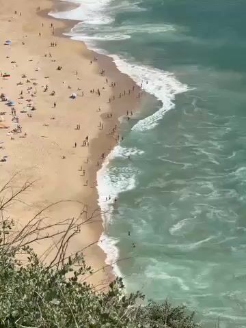 This video captures an aerial or high-angle view of a vibrant beach scene in Nazaré, Portugal, on a sunny day. The wide, sandy beach is populated by numerous people enjoying the pleasant weather. Many individuals are scattered across the sand, some relaxing under colorful beach umbrellas, while others walk along the water's edge.

The turquoise-colored ocean features gentle waves consistently breaking onto the shore, creating white foam. A significant number of people are visible in the water, wading, swimming, or playing in the surf.

As the camera pans from left to right, it reveals the expansive stretch of the beach and the coastal town situated directly behind it. The town comprises various low-rise buildings, predominantly white or light-colored, extending along the coastline. Further in the distance, a hilly landscape covered with vegetation can be seen, along with what appears to be a small port or harbor area. The clear sky and bright sunlight suggest ideal conditions for a day at the beach. No visible text appears in the video.