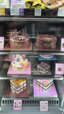 This is a video taken from inside a refrigerated display case, likely a bakery or convenience store, showcasing various cakes. The camera pans vertically and horizontally, offering a close-up view of the desserts. On the top shelf, there are several packaged snacks, including some with Pokémon branding. Below that, on the second shelf, are several chocolate cakes. The third shelf features two larger cakes, one decorated with colorful frosting and spherical toppings, and another cube-shaped cake with intricate wrapping designs. The fourth shelf holds more cube-shaped cakes, one appearing to be a Rubik's cube design. The fifth shelf contains small cupcakes and tart-like pastries. The bottom shelf shows more small pastries and cupcakes. Throughout the display, there are also various novelty cakes, including some shaped like Pokémon characters such as Pikachu and Eevee, and others from the Toy Story franchise. Some cakes have price tags indicating prices in Korean Won. The overall environment appears to be a commercial establishment with a focus on sweet treats, particularly those themed around popular characters.