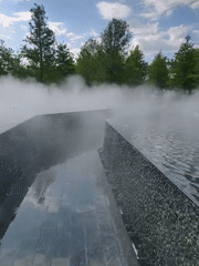 Visitors enjoy tiered waterfalls and mist fountains at Krasnodar park