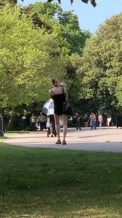 Woman walks through London park near harnessed white cat