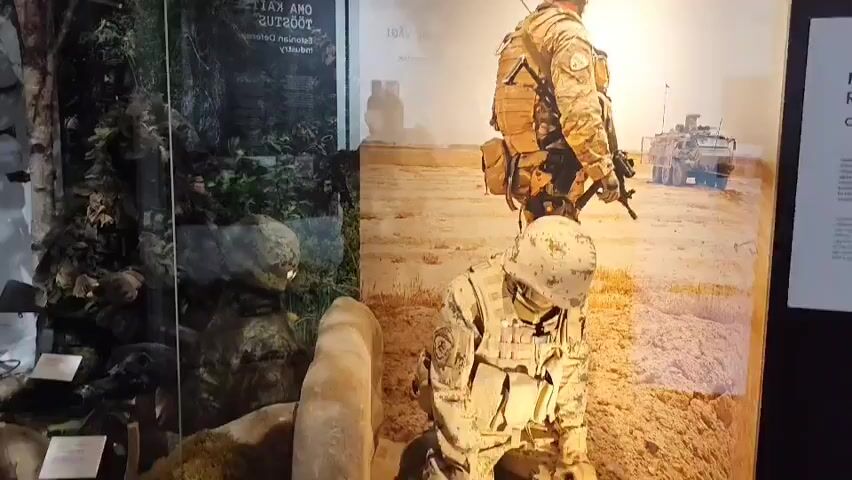 The video shows a museum exhibit with mannequins dressed as soldiers. On the left, mannequins in white winter camouflage uniforms are depicted in a snowy forest environment. One mannequin in the foreground is kneeling, while another stands behind it, holding a rifle and using ski poles. To the right of the winter scene, behind a glass partition, mannequins in green camouflage uniforms are displayed in a forest setting. One mannequin is partially obscured by foliage, appearing to be in a prone or crouching position. Further to the right, a large mural depicts soldiers in a desert environment. One soldier stands, holding a rifle, while another kneels in front of them. A vehicle is visible in the background of the mural.