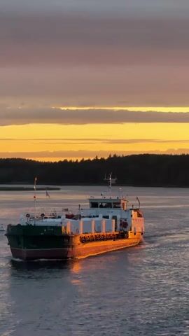 A drone shot pans across a tranquil body of water, capturing a large cargo ship as it sails toward the horizon. The sun, partially obscured by soft clouds, casts a warm, golden glow across the scene, illuminating the ship's deck and the rippling water. The ship, with its distinctive green hull and white cargo containers, is the sole focus of the foreground, its movement creating gentle waves that trail behind it. In the distance, a dark, tree-lined shore creates a stark contrast against the vibrant sunset. The sky is a gradient of soft blues, grays, and oranges, with the sun's rays breaking through, creating a serene and picturesque atmosphere. The video is silent, emphasizing the visual experience of the tranquil, late-day seascape.