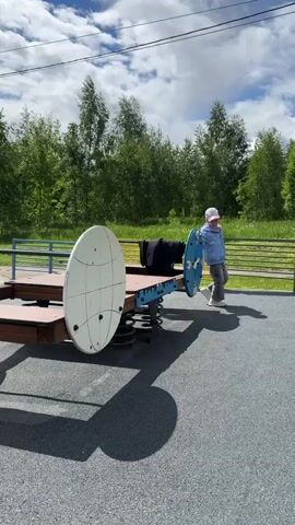 The video shows a young girl on a playground, standing near a large, spring-mounted structure that resembles a train car or a boat. The structure is painted in brown and blue, with large circular white and blue panels on each side, possibly meant to be wheels. The girl is wearing a light blue jacket, gray pants, a light pink hat, and white sneakers. She is holding onto one of the blue panels with her right hand. In the background, there are green trees and a blue sky with white clouds. The playground surface is a dark gray material. A black jacket is lying on the structure. There is also a blue handrail in the background.