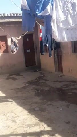 The video shows a courtyard with a concrete floor, surrounded by buildings with tan-colored walls and dark doors. Laundry is hanging on a clothesline stretched across the courtyard, including white and blue shirts and black pants. A person wearing a gray shirt, black pants, and a white cap is bending over two dark-colored buckets, appearing to wash something, with some white fabric nearby. A cat can be seen briefly near the person. The weather appears sunny, casting shadows across the courtyard.