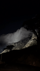 Table Mountain illuminated at night, Cape Town skyline visible