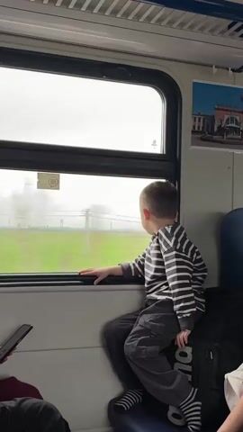 The video shows a young boy sitting on a train, looking out the window. He is wearing a striped long-sleeve shirt and grey pants. He is sitting on a blue seat, with a backpack behind him. The window is showing a view of green fields and trees. A person is using a phone in the lower-left corner. A picture hangs on the wall above the seat.