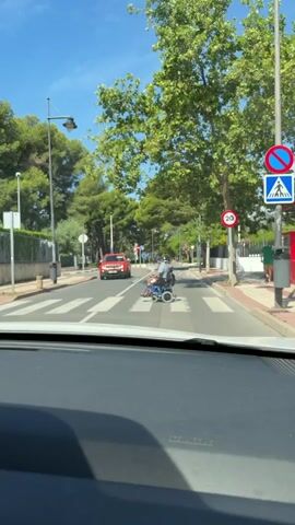 A dashboard camera records a static shot of a wide, tree-lined street on a sunny day. A red SUV in the distance moves forward. A person in an electric wheelchair, previously crossing the street in front of the camera, has now completed their crossing, moving from left to right. A "20" speed limit sign is visible on the right side of the road. Other people are seen walking on the sidewalk on the right.