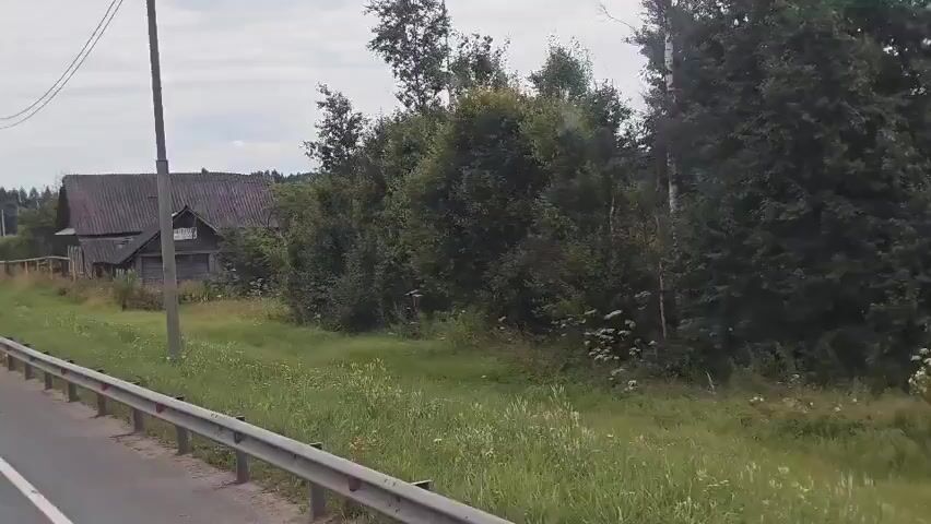 The video captures a view from a vehicle traveling alongside a rural road. On the left side of the road, there is a weathered, dilapidated wooden house with a dark, corrugated roof. The house appears to be abandoned, with overgrown grass and vegetation surrounding it. A faded yellow fence runs along the front of the property. Two blue traffic signs are mounted on a pole in front of the house. The signs indicate road conditions, with the top one showing a lane divergence and the bottom one indicating lanes merging. Beyond the house, dense green trees and foliage form a thick backdrop. The road has a metal guardrail along its edge. The sky is overcast with light clouds.