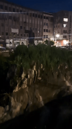 Fast-flowing turbid river recorded at night in Gabrovo, Bulgaria